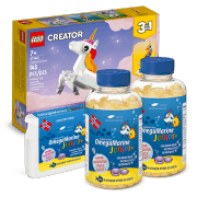 Natural Pharmaceuticals OmegaMarine Junior+™ Suplement diety OmegaMarine Junior+™ wspierający komfort stawów z kapsułkami i lego creator.