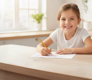 Natural Pharmaceuticals OmegaMarine Junior+™ Uśmiechnięta dziewczynka siedząca przy stole i pisząca ołówkiem na kartce papieru