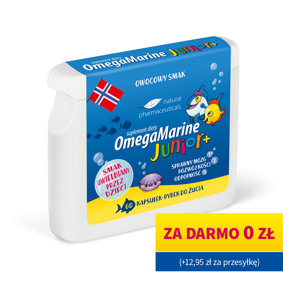 Natural Pharmaceuticals OmegaMarine Junior+™ Opakowanie suplementu diety OmegaMarine Junior+™ o owocowym smaku, zawierającego 60 żelek dla dzieci wspierających mózg, kości i odporność.